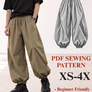 May include: Olive green loose-fitting trousers with an elastic waistband, drawstring, and gathered elastic cuffs. The image includes a technical sketch of the pants and the text: PDF SEWING PATTERN XS-4X, Beginner Friendly, Instant Download.