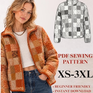 May include: A quilted jacket featuring a patchwork design in shades of orange, brown, and cream, with a front zipper and high collar. The image includes a technical line drawing of the jacket and text reading PDF SEWING PATTERN XS-3XL.
