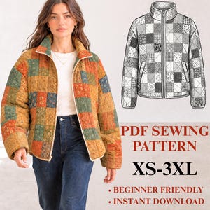 Könnte beinhalten: Ein PDF-Schnittmuster für eine gesteppte Jacke mit Patchwork-Design in Senf-, Grün- und Orangetönen. Das Schnittmuster umfasst die Größen XS-3XL, verfügt über einen Stehkragen, einen Reißverschluss und lange Ärmel, als Sofort-Download.
