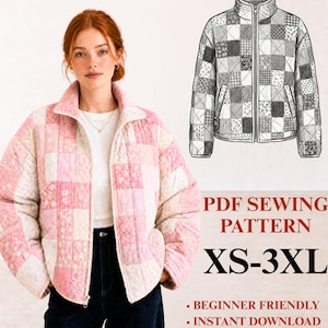 May include: A quilted jacket featuring a patchwork design in various shades of pink and white. The jacket has a high collar, a front zipper closure, and long sleeves. Text reads: PDF SEWING PATTERN XS-3XL, BEGINNER FRIENDLY, INSTANT DOWNLOAD.
