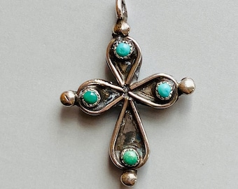 Native American Handmade Vintage Indigenous Sterling Silver Reversible Cross Turquoise and Coral Pendant