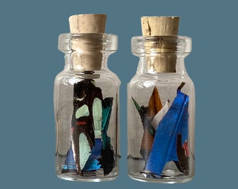 Pode incluir: Duas pequenas garrafas de vidro com rolhas de cortiça, cada uma contendo asas de borboleta coloridas e outros elementos naturais. As garrafas são transparentes e têm uma superfície texturizada.