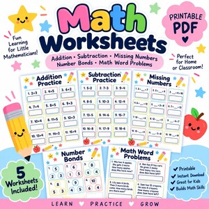 Può includere: Un set di cinque schede didattiche di matematica stampabili con addizioni, sottrazioni, numeri mancanti, legami numerici e problemi. Le pagine includono grafici colorati di matite, stelle e mele, con il testo Math Worksheets.