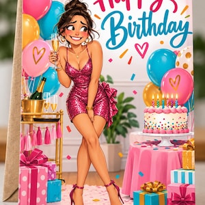 Peut inclure: Une carte de vœux d'anniversaire illustrée montrant une personne en robe rose scintillante tenant une flûte de champagne. La carte affiche le texte Happy Birthday, des ballons colorés, un gâteau avec des bougies et des cadeaux emballés.