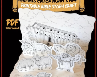 Animals Enter Noahs Ark Bible Craft Printable 3D Bi-Fold Diorama for Sunday School