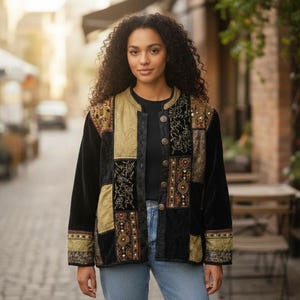 Puede incluir: Una chaqueta de manga larga con un diseño de patchwork de paneles de terciopelo negro y tela dorada. La prenda incluye bordados intrincados, detalles metálicos y un cierre frontal de botones con un escote redondo, sobre una camiseta negra.