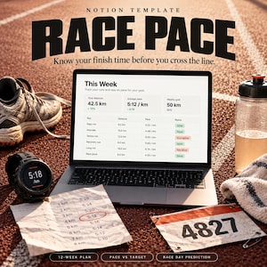 May include: A laptop displaying a Notion template titled RACE PACE with running statistics, surrounded by a pair of grey running shoes, a black sports watch, a water bottle, a white towel, a paper pace chart, and a race bib with the number 4827.