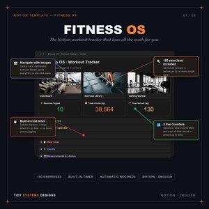 May include: A digital Notion template titled Fitness OS, a workout tracker featuring a dashboard with exercise library, getting started guide, session logs, total volume in kg, and heaviest set in kg. Includes a built-in rest timer and live counters.