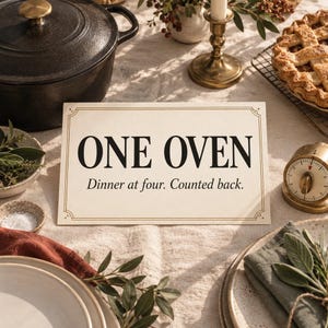 Peut inclure: Un panneau rectangulaire blanc cassé avec une fine bordure dorée présentant le texte noir ONE OVEN et le sous-titre Dinner at four. Counted back. Le panneau est placé sur une surface en tissu texturé entouré d'ustensiles dont une marmite noire.