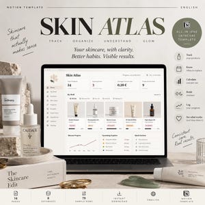 May include: A digital Notion template titled Skin Atlas displayed on a laptop screen, featuring skincare tracking dashboards, product lists, and progress charts. The interface includes text like Track, Organize, Understand, Glow, and All-in-one skincare template.