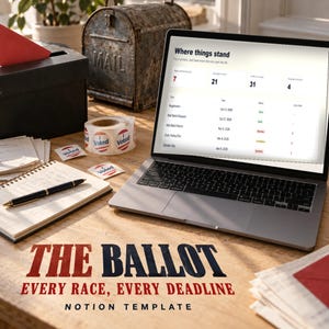 May include: A laptop displaying a Notion template titled Where things stand, featuring election tracking data. Nearby are a black mailbox, a roll of I Voted stickers, a notebook with a black pen, and the text THE BALLOT EVERY RACE, EVERY DEADLINE NOTION TEMPLATE.