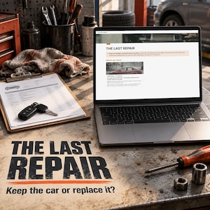 Peut inclure: Un ordinateur portable argenté affichant un site web intitulé THE LAST REPAIR, un presse-papier avec une clé de voiture et un tournevis sur un établi. La surface porte le texte THE LAST REPAIR Keep the car or replace it? en noir et orange.