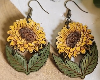 Reverse Engrave Sunflower and Leaf Earring File - Laser Engraved Earrings Files - PDF - SVG - DXF [Digital File Only] Laser Jewelry File