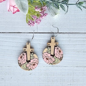 Peony Flower Cross Earring Files - Faith Earring File - Boho Jewelry - Digital Laser File - PDF - SVG - DXF [Digital File Only] Glowforge
