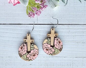 Peony Flower Cross Earring Files - Faith Earring File - Boho Jewelry - Digital Laser File - PDF - SVG - DXF [Digital File Only] Glowforge