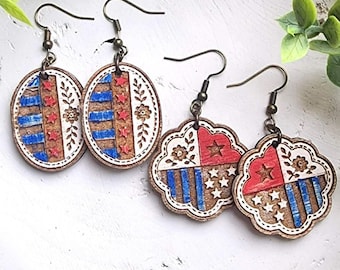 2 Vintage Quilt Laser Earring File - Stars and Stripes Patriotic Earring Design - Digital Laser File DXF - PDF - SVG [Digital File Only]
