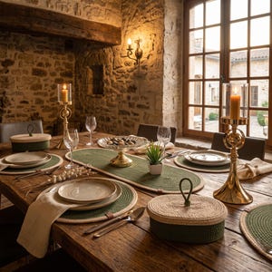 Peut inclure: Une table à manger en bois rustique avec des sets de table tissés verts et beiges, un chemin de table ovale assorti et deux paniers de rangement avec couvercle. La table comprend des bougeoirs en métal doré et des assiettes en céramique.
