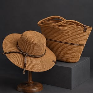 Op de afbeelding: Een bruine gevlochten zonnehoed met een donkerbruine gevlochten koordband en een bijpassende gevlochten tas. De hoed heeft een brede rand en een ronde kroon, terwijl de tas twee geïntegreerde handvatten en een horizontale donkerbruine streep heeft.