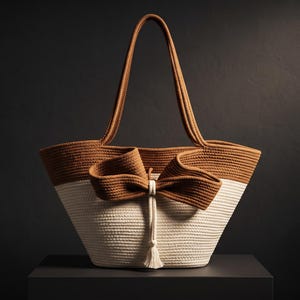 Op de afbeelding: Een tweekleurige tas gemaakt van gevlochten touw, met een crèmekleurige basis en een bruin bovengedeelte. De tas is voorzien van twee bruine schouderbanden en een grote, decoratieve bruine strik van touw aan de voorzijde met een witte kwast.