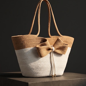 Op de afbeelding: Een tweekleurige tas gemaakt van gedraaid touw, met een beige bovengedeelte en een wit ondergedeelte. De tas heeft twee lange schouderbanden en een grote decoratieve strik aan de voorzijde, afgewerkt met witte touwtjes en goudkleurige metalen uiteinden.