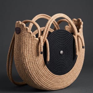 Handgemaakte boho-draagtas in raffia-stijl, gepersonaliseerde naam, katoen-jute tas, haakpatroon (bruin-wit)