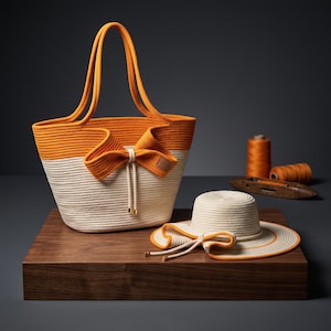 Op de afbeelding: Een tweekleurige tas en een bijpassende zonnehoed gemaakt van gewikkeld touw. De tas heeft een oranje bovenkant, een crèmekleurige onderkant en een grote oranje strik. De crèmekleurige hoed heeft een oranje rand en een decoratief touwtje.