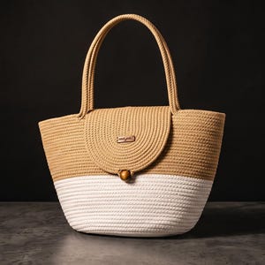 Op de afbeelding: Een tweekleurige tas gemaakt van gedraaid touw, met een beige bovengedeelte en een wit ondergedeelte. De tas heeft een afgeronde klepsluiting die wordt vastgezet met een enkele houten kraal en twee bijpassende beige touwgrepen aan de bovenkant.