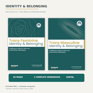 Könnte beinhalten: Zwei digitale Arbeitsbücher mit dem Titel Identity & Belonging, eines für trans-feminine und eines für trans-maskuline Identitäten. Jedes dunkelgrüne Cover zeigt goldene Linien, das Logo der Byrnes Counseling Group und den Text A Reflective Guide for Self-trust, Authenticity & Belonging von Tristan Byrnes, LMHC.