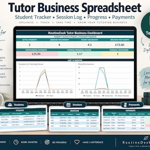 Puede incluir: Una hoja de cálculo digital para negocios de tutoría mostrada en una pantalla de portátil, con un panel de control para seguimiento de estudiantes, registros de sesiones y resúmenes de pagos. La interfaz incluye gráficos de líneas para sesiones e ingresos, junto con tablas de datos adicionales.