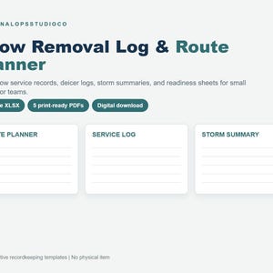 May include: A digital Snow Removal Log & Route Planner template featuring sections for service records, deicer logs, and storm summaries. The layout includes three white rectangular cards labelled Route Planner, Service Log, and Storm Summary.