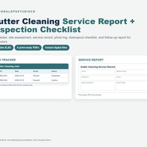 May include: A digital Gutter Cleaning Service Report and Inspection Checklist template set. Includes a job tracker, site assessment, service record, photo log, and downspout checklist. Features editable XLSX files and six print-ready PDF documents.