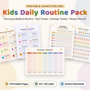 Peut inclure: Un pack de routine quotidienne pour enfants comprenant cinq pages imprimables : routine du matin, routine du soir, suivi des sentiments hebdomadaire, suivi des tâches et planning hebdomadaire avec des icônes colorées et des étiquettes.