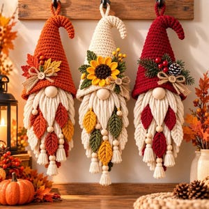 May include: Three hanging crochet gnome ornaments with pointed hats in orange, cream, and red. Each gnome features a cream-colored yarn beard, wooden bead accents, and seasonal embellishments including fabric leaves, a sunflower, and pinecones.
