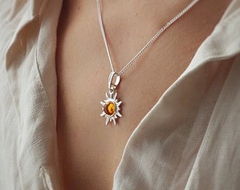 Amber Sun Necklace - Boho Silver Jewelry, Best friend gift, Delicate Sunburst Pendant, You are my sunshine, nature amber jewelry