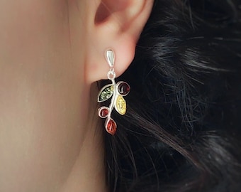 Silver Leaf Amber Earrings, Silver stud leaf earrings with amber