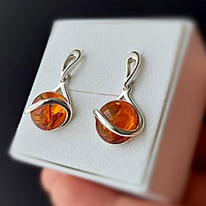 Sterling Silver Amber Drop Earrings – Baltic Cognac Amber Stud Dangles – Elegant Nature-Inspired Gift for Her