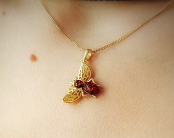 Handcrafted Gold Bee Necklace with Natural Amber, Sterling Silver & 24ct Gold Plate, Ideal Gift for Mom, Boho Style, Bumble Bee Jewelry