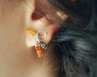 Colorful Amber Leaf Earrings, Sterling Silver Studs - Baltic Amber Jewelry Gift for Her, Plant Lover Gift, unique earrings gift for mom