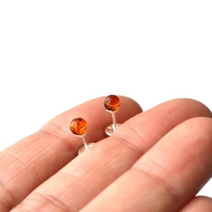 Tiny Stud Earrings in Sterling Silver with Baltic Amber - Simple Minimalist Small Ear Studs - Amber earrings