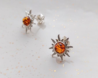 Suns with amber stone stud earrings, Sun Amber Earrings, Boho earrings stud, Sun shape silver studs, Baltic amber earrings, amber gift