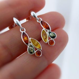 Baltic Amber Leaf Earrings: Sterling Silver Dangle Studs