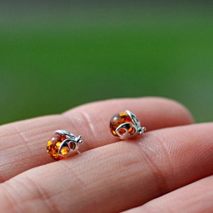 Oorbellen kleine amberkleurige lieveheersbeestje: sterlingzilveren lieveheersbeestjes