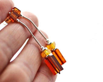 Modern Geometric Long Baltic Amber Earrings, Sterling Silver and Amber Drop Earrings, Natural Amber Jewelry Gift