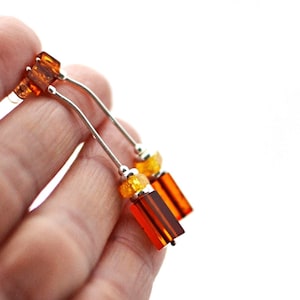 Modern Geometric Long Baltic Amber Earrings, Sterling Silver and Amber Drop Earrings, Natural Amber Jewelry Gift