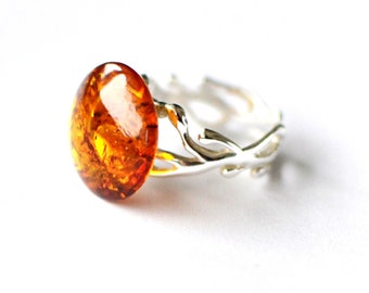 Adjustable silver Ring with amber, gemstone open Ring gift for her, Modern amber ring