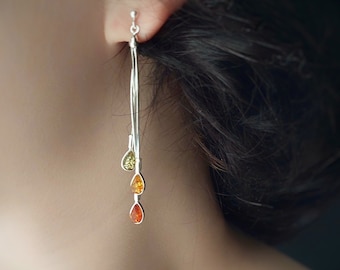 Long Amber Dangle and Drop Earrings, 925 Sterling Silver chain Earrings, Girlfriend Bridesmaid Jewelry Gift for Her, elegant earrings