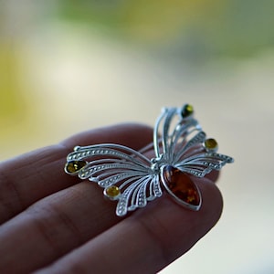 Amber Butterfly Brooch: Sterling Silver Scarf Pin, Vintage Style