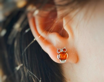 Amber Owl Earrings with Silver, Baltic Amber Jewelry, Sterling silver bird earrings, boho earrings, nature cute earrings birthday gift