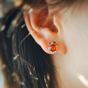 Amber Owl Earrings with Silver, Baltic Amber Jewelry, Sterling silver bird earrings, boho earrings, nature cute earrings birthday gift