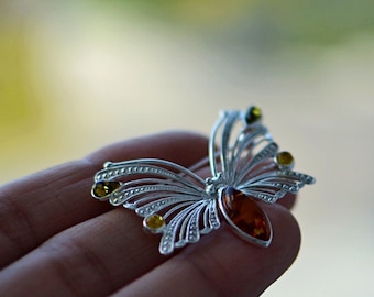 Amber Butterfly Brooch: Sterling Silver Scarf Pin, Vintage Style